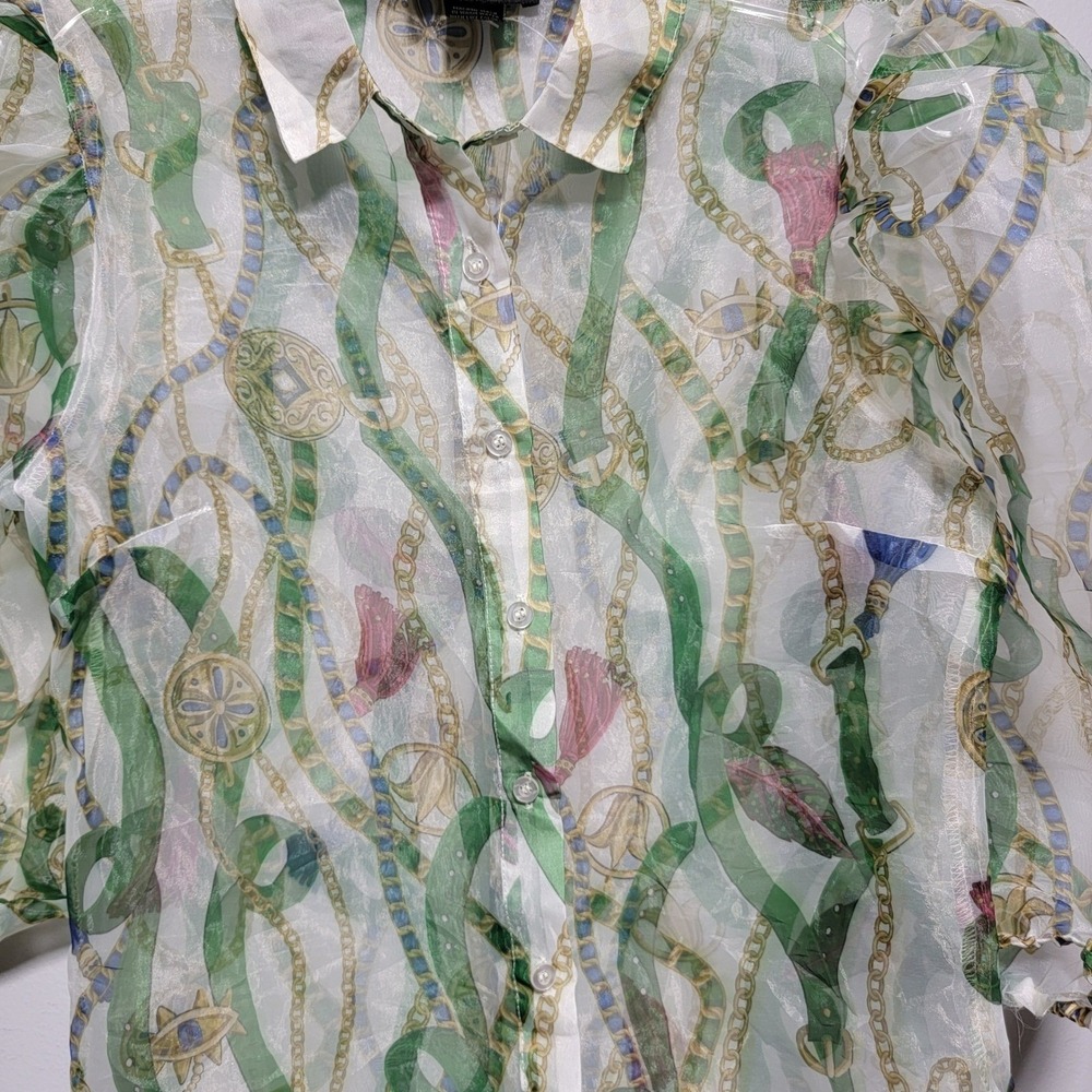 18 Centimeters Sheer Chiffon Chain Print Puff Sleeve Collared Button Up Blouse M - Picture 4 of 5